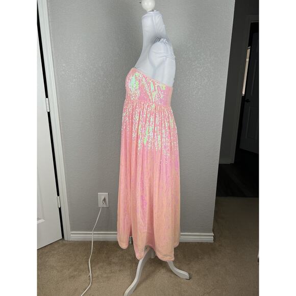 Size M Midi Dress Babydoll Strapless Sequin Fairy Glam Coquette Feminine Pink - Picture 4 of 9
